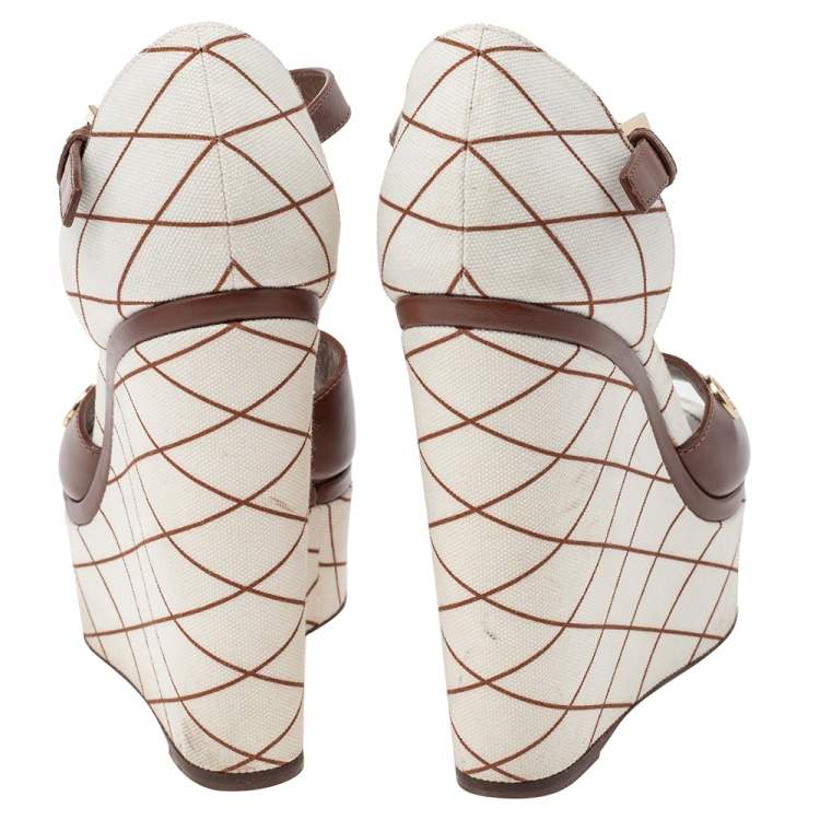 Pre Owned Louis Vuitton Brown-White Leather And Canvas Wedge Platform Ankle Strap Sandals Size 38