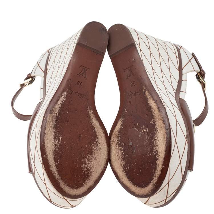 Pre Owned Louis Vuitton Brown-White Leather And Canvas Wedge Platform Ankle Strap Sandals Size 38