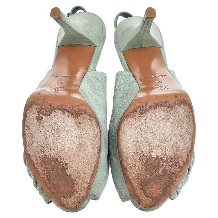 Pre Owned Louis Vuitton Green Suede Bow Slingback Sandals Size 36