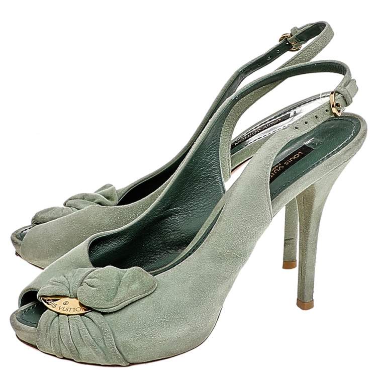 Pre Owned Louis Vuitton Green Suede Bow Slingback Sandals Size 36