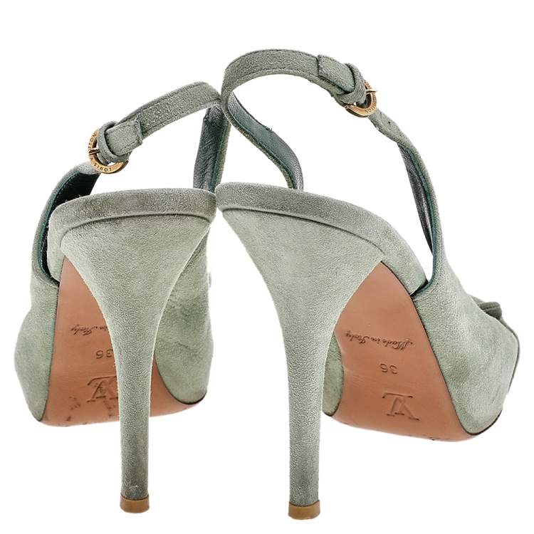 Pre Owned Louis Vuitton Green Suede Bow Slingback Sandals Size 36