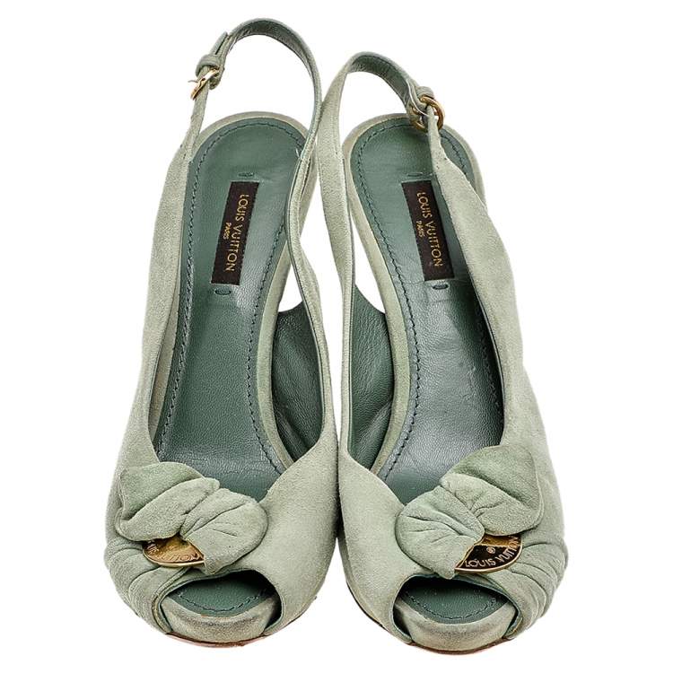 Pre Owned Louis Vuitton Green Suede Bow Slingback Sandals Size 36