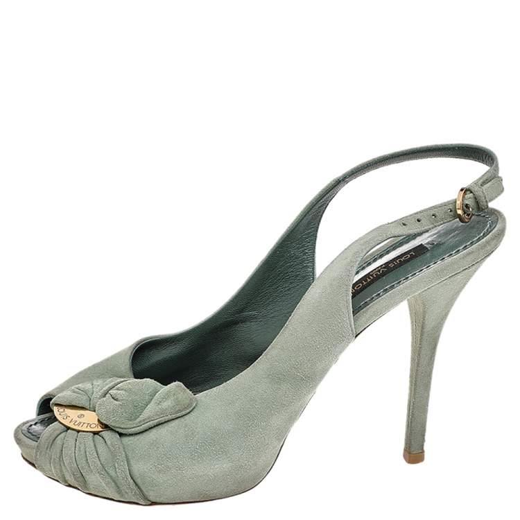 Pre Owned Louis Vuitton Green Suede Bow Slingback Sandals Size 36