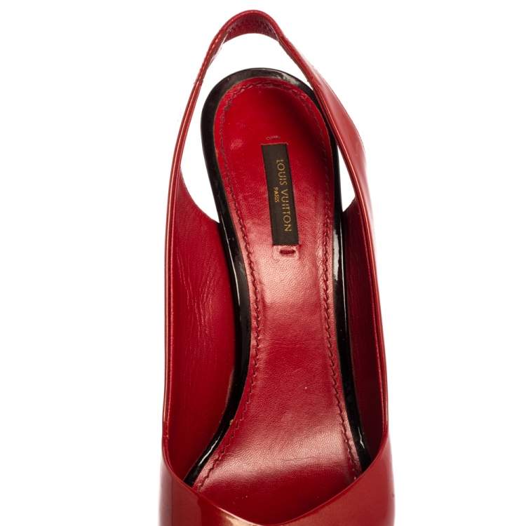 Pre Owned Louis Vuitton Red Patent Leather Peep Toe Sandals Size 40.5