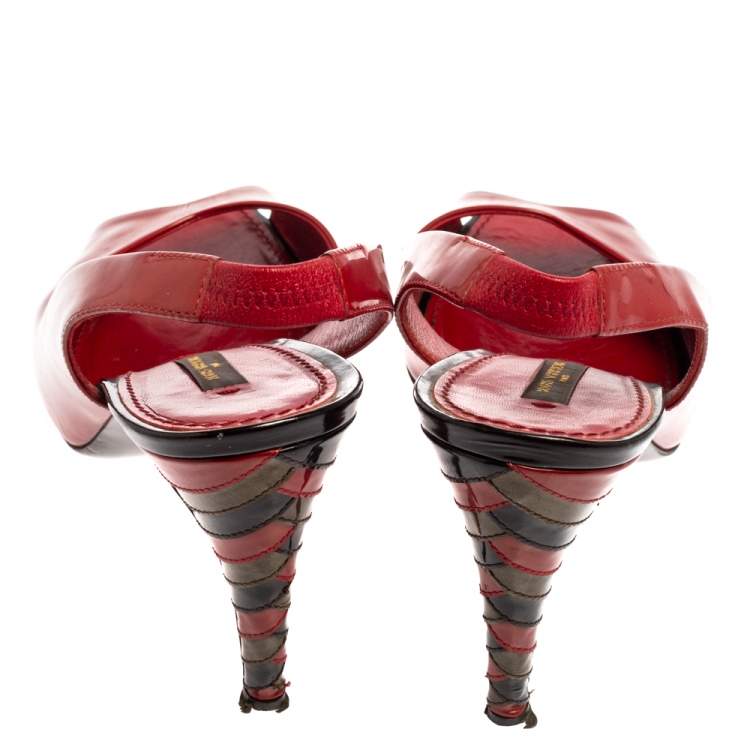 Pre Owned Louis Vuitton Red Patent Leather Peep Toe Sandals Size 40.5