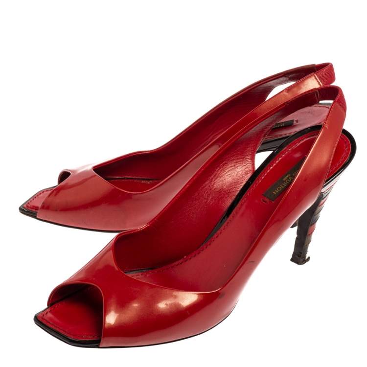 Pre Owned Louis Vuitton Red Patent Leather Peep Toe Sandals Size 40.5