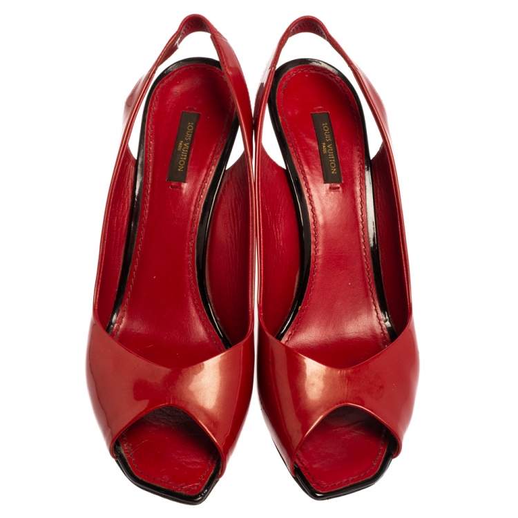 Pre Owned Louis Vuitton Red Patent Leather Peep Toe Sandals Size 40.5