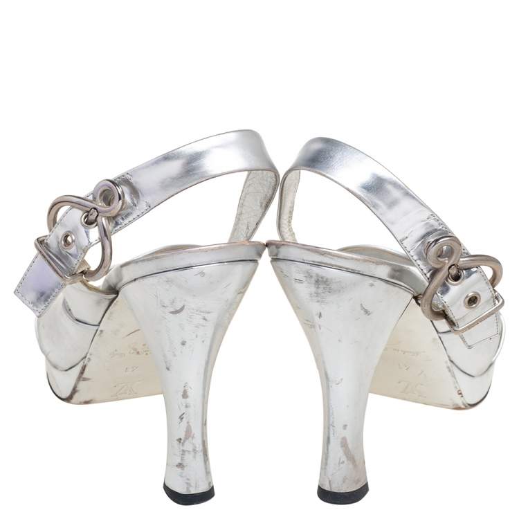 Pre Owned Louis Vuitton Silver Leather  Peep Toe Slingback Sandals Size 41
