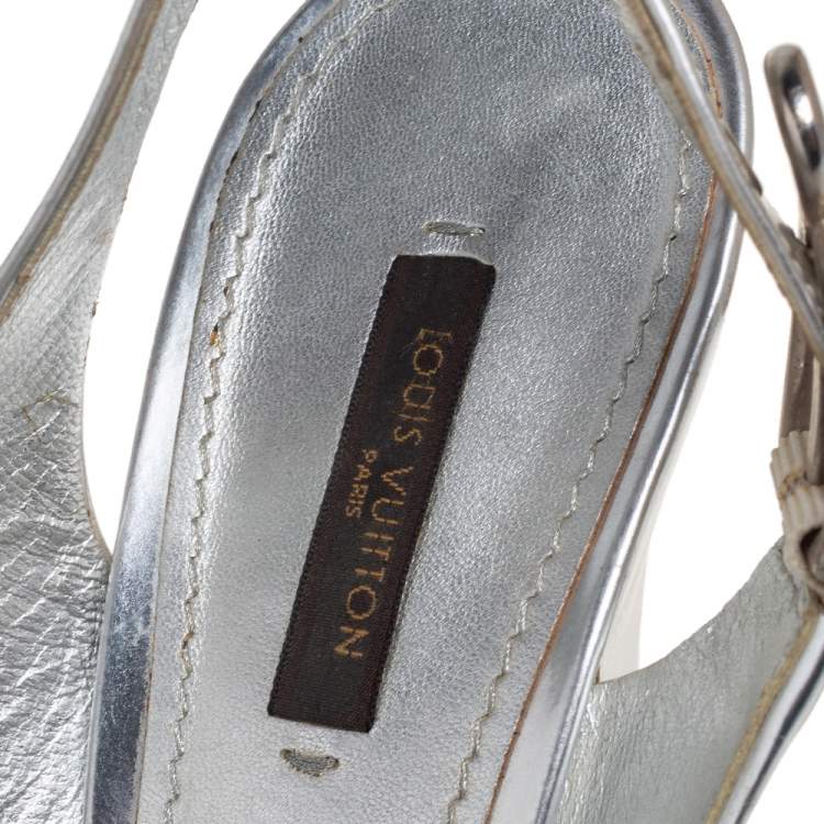 Pre Owned Louis Vuitton Silver Leather  Peep Toe Slingback Sandals Size 41