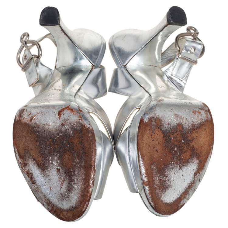 Pre Owned Louis Vuitton Silver Leather  Peep Toe Slingback Sandals Size 41