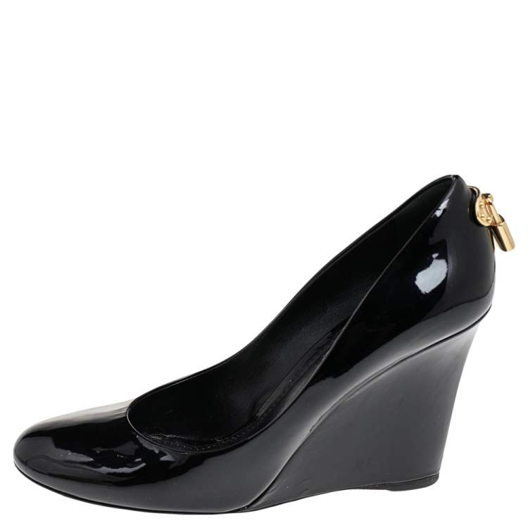 Pre Owned Louis Vuitton Black Patent Leather Oh Really! Wedge Pumps Size 38.5