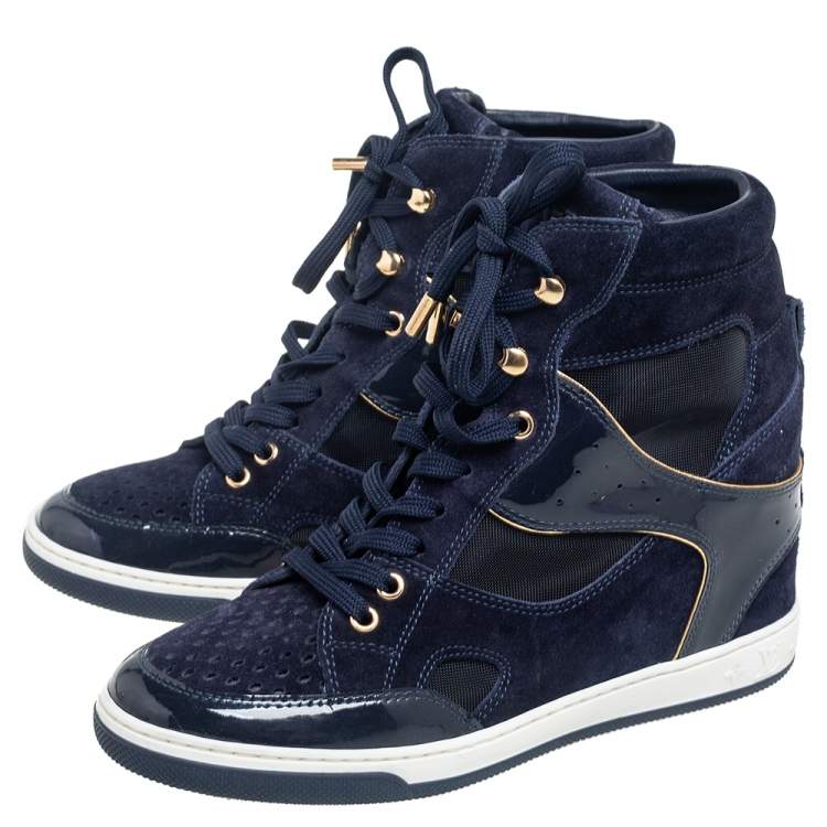 Pre Owned Louis Vuitton Blue Patent Leather, Suede And Mesh Cliff Top Sneakers Size 37
