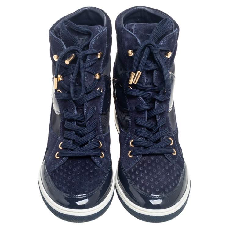Pre Owned Louis Vuitton Blue Patent Leather, Suede And Mesh Cliff Top Sneakers Size 37