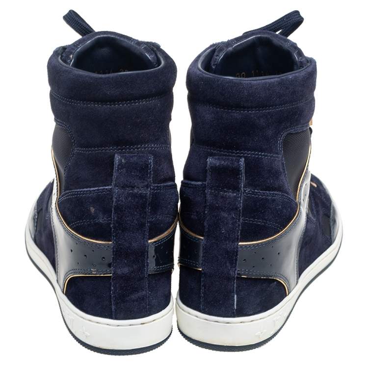 Pre Owned Louis Vuitton Blue Patent Leather, Suede And Mesh Cliff Top Sneakers Size 37