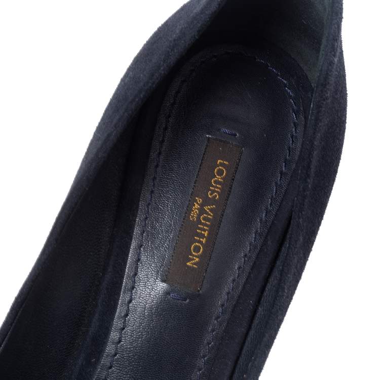 Pre Owned Louis Vuitton Navy Blue Suede Kimono Peep Toe Platform Pumps Size 38