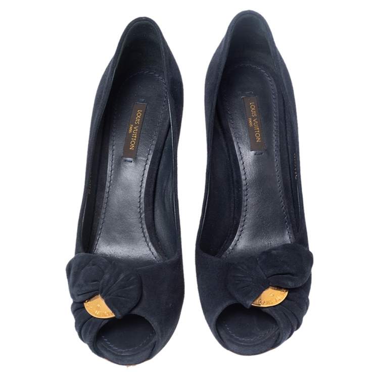 Pre Owned Louis Vuitton Navy Blue Suede Kimono Peep Toe Platform Pumps Size 38