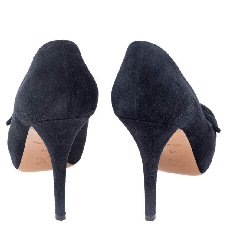 Pre Owned Louis Vuitton Navy Blue Suede Kimono Peep Toe Platform Pumps Size 38