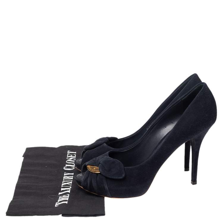 Pre Owned Louis Vuitton Navy Blue Suede Kimono Peep Toe Platform Pumps Size 38