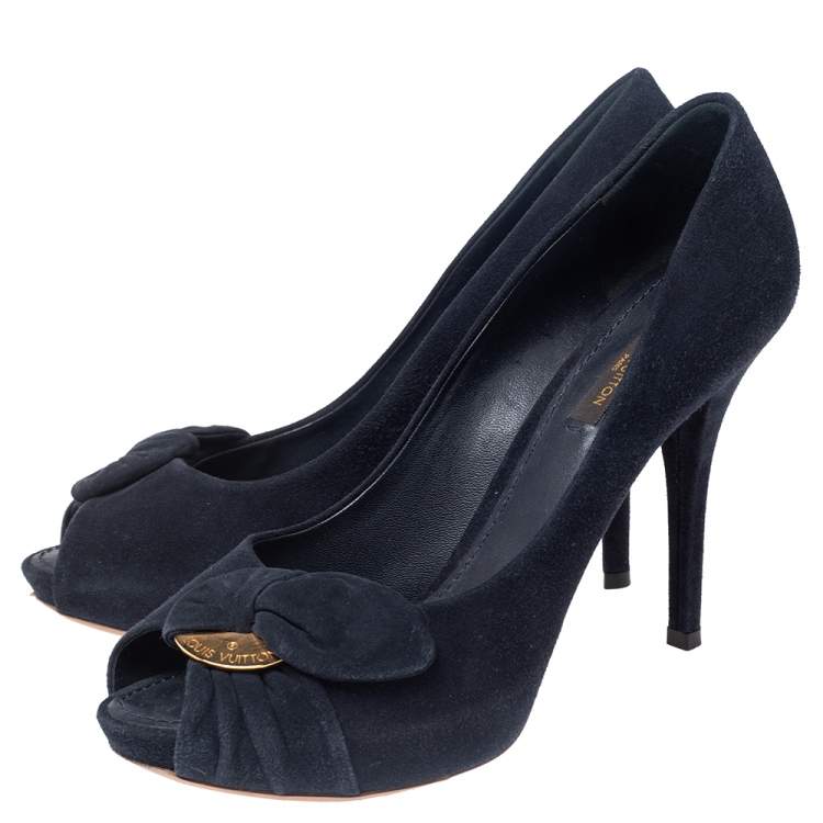Pre Owned Louis Vuitton Navy Blue Suede Kimono Peep Toe Platform Pumps Size 38