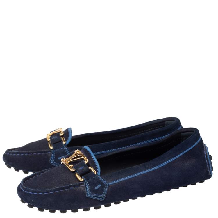 Pre Owned Louis Vuitton Blue Suede Logo Ballet Flats Size 37