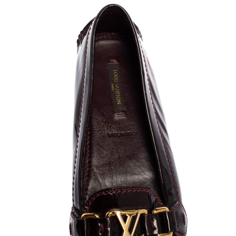 Pre Owned Louis Vuitton Burgundy Patent Leather Slip On Loafers Size 37