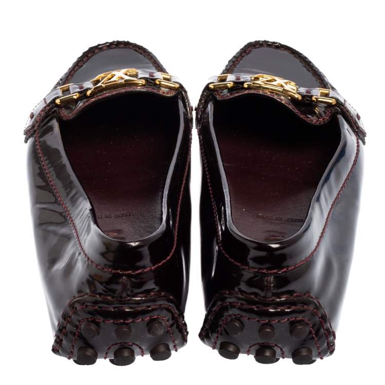Pre Owned Louis Vuitton Burgundy Patent Leather Slip On Loafers Size 37