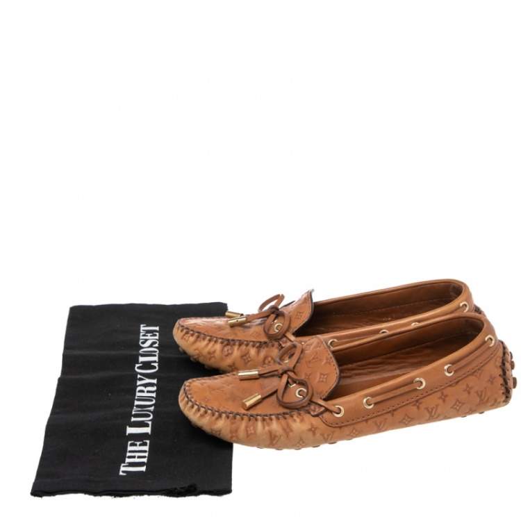 Pre Owned Louis Vuitton Monogram Brown Leather Gloria Bow Slip On Loafers 37