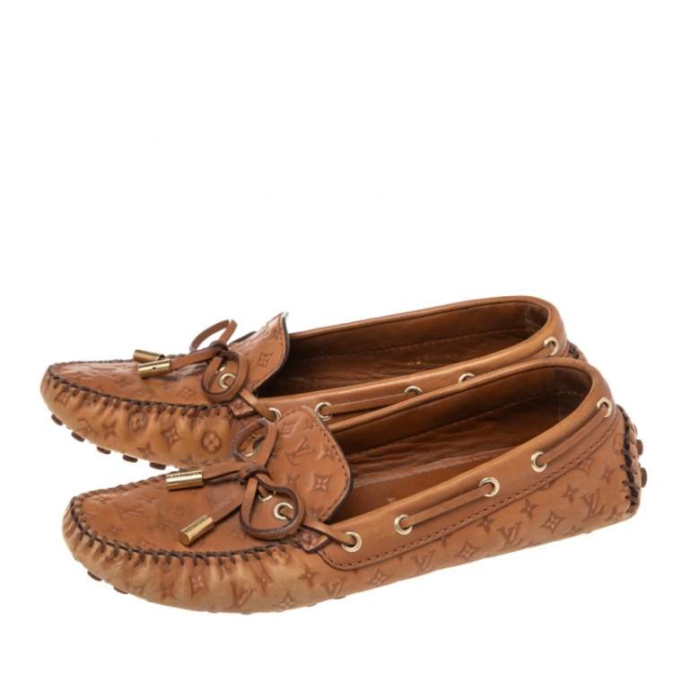 Pre Owned Louis Vuitton Monogram Brown Leather Gloria Bow Slip On Loafers 37