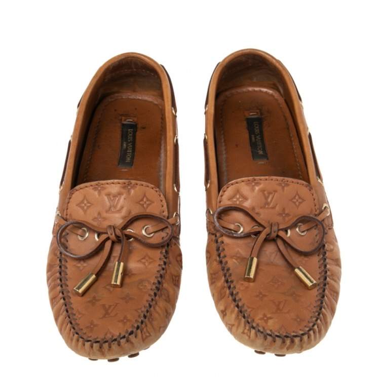 Pre Owned Louis Vuitton Monogram Brown Leather Gloria Bow Slip On Loafers 37