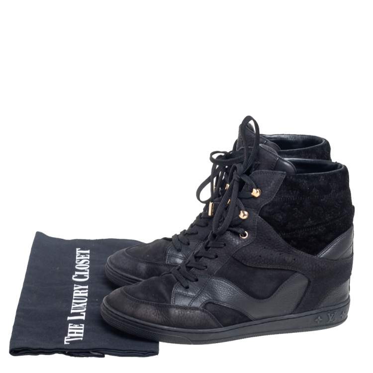 Pre Owned Louis Vuitton Black Leather And Embossed Monogram Suede Millenium Wedge Sneakers Size 39.5