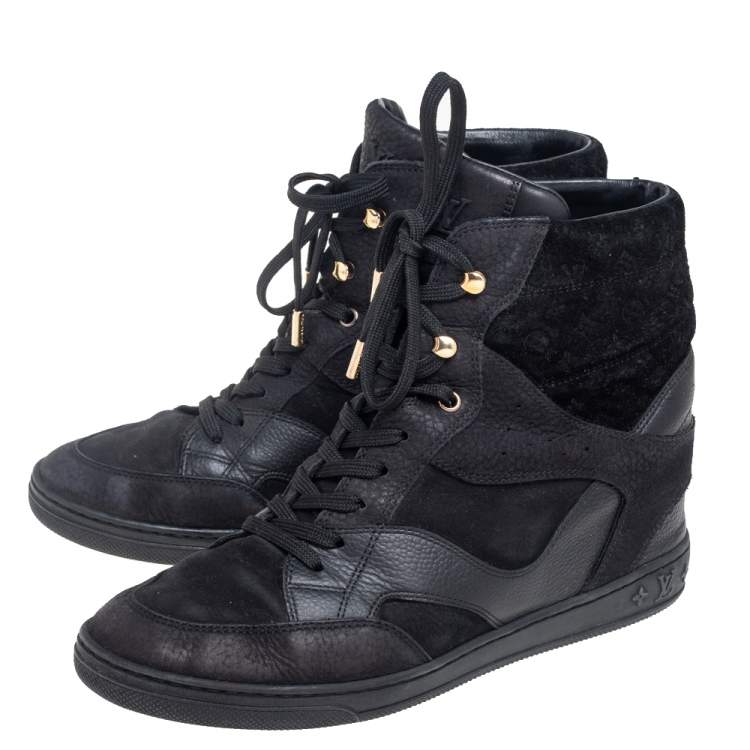 Pre Owned Louis Vuitton Black Leather And Embossed Monogram Suede Millenium Wedge Sneakers Size 39.5