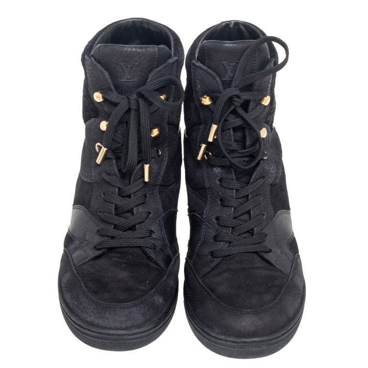 Pre Owned Louis Vuitton Black Leather And Embossed Monogram Suede Millenium Wedge Sneakers Size 39.5