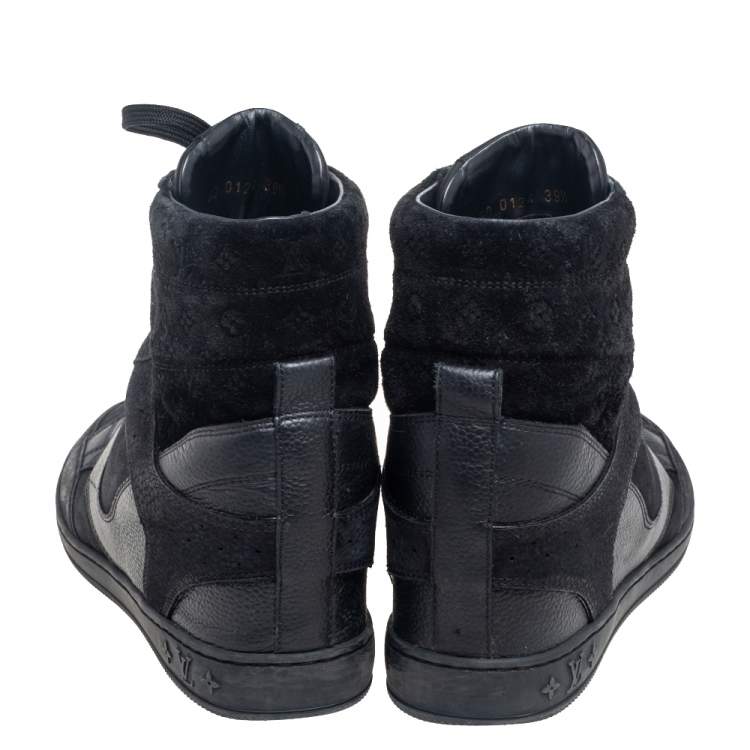 Pre Owned Louis Vuitton Black Leather And Embossed Monogram Suede Millenium Wedge Sneakers Size 39.5