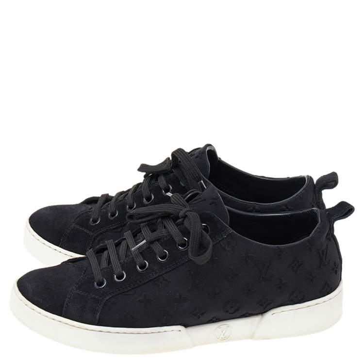 Pre Owned Louis Vuitton Black Monogram Fabric and Suede Slip on Sneakers Size 35
