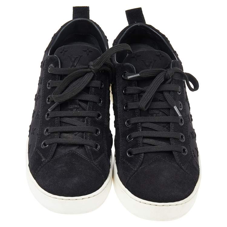 Pre Owned Louis Vuitton Black Monogram Fabric and Suede Slip on Sneakers Size 35