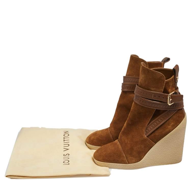Pre Owned Louis Vuitton Brown Suede Crossroads Wedge Ankle Boots Size 37