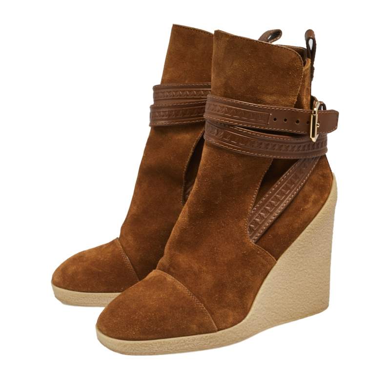 Pre Owned Louis Vuitton Brown Suede Crossroads Wedge Ankle Boots Size 37