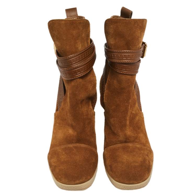 Pre Owned Louis Vuitton Brown Suede Crossroads Wedge Ankle Boots Size 37