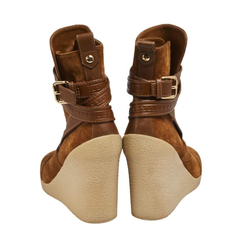 Pre Owned Louis Vuitton Brown Suede Crossroads Wedge Ankle Boots Size 37