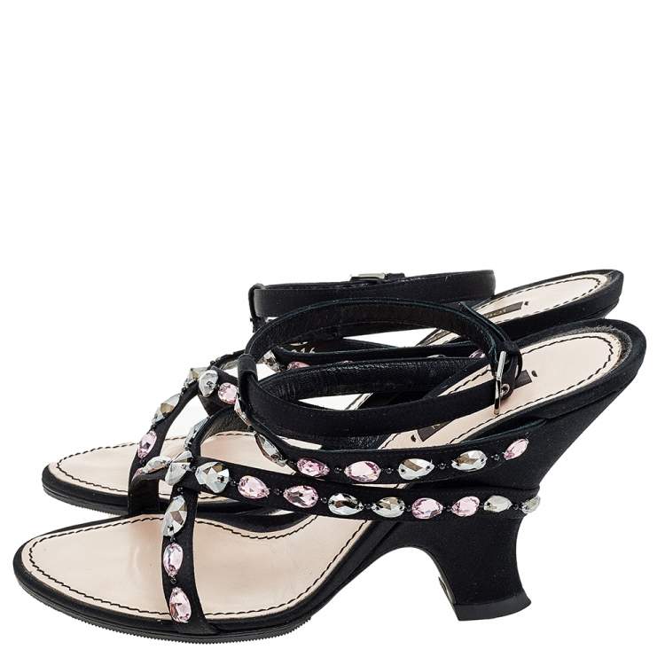 Pre Owned Louis Vuitton Black Satin Crystal Embellished Ankle Strap Sandals Size 39