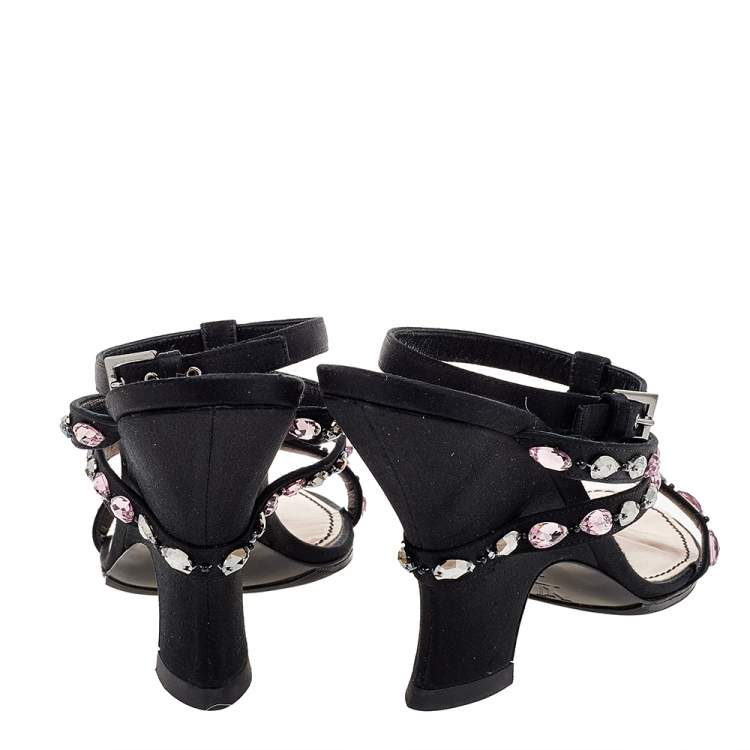 Pre Owned Louis Vuitton Black Satin Crystal Embellished Ankle Strap Sandals Size 39