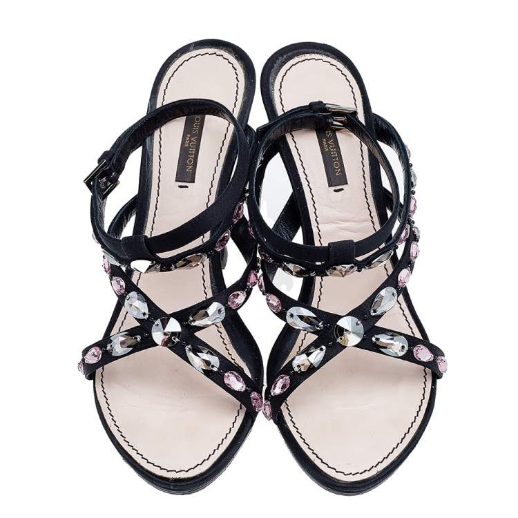 Pre Owned Louis Vuitton Black Satin Crystal Embellished Ankle Strap Sandals Size 39