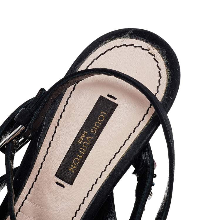 Pre Owned Louis Vuitton Black Satin Crystal Embellished Ankle Strap Sandals Size 39