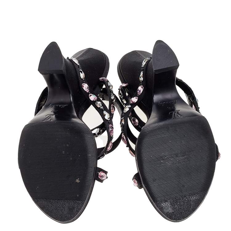 Pre Owned Louis Vuitton Black Satin Crystal Embellished Ankle Strap Sandals Size 39