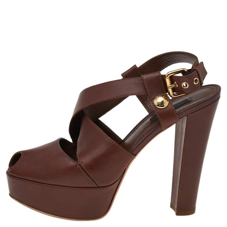 Louis Vuitton Dark Brown Leather Slingback Platform Sandals Size