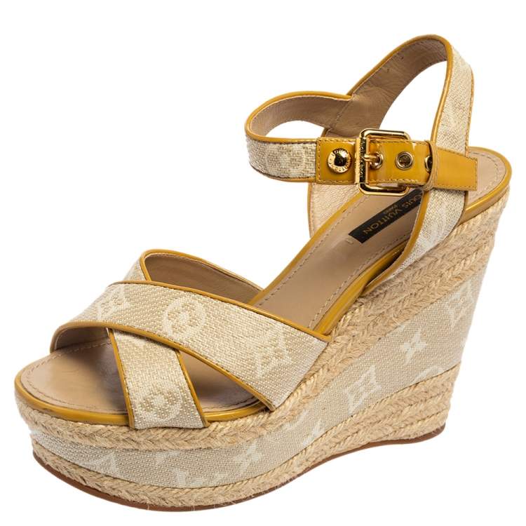 Louis Vuitton Beige Monogram Canvas Formentera Espadrille Wedge Platform  Ankle Strap Sandals Size 37.5 Louis Vuitton