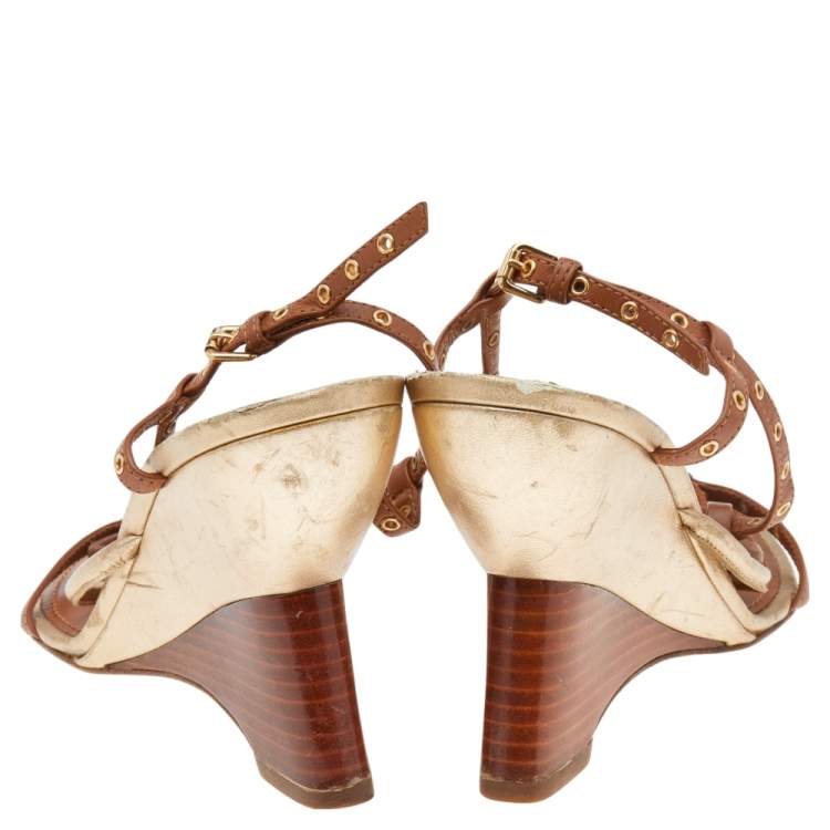 Pre Owned Louis Vuitton Brown/Gold Leather  Eyelet T-Strap Wedge Sandals Size 38