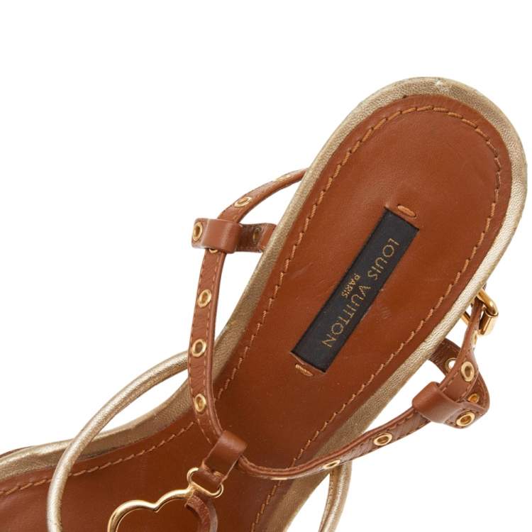 Pre Owned Louis Vuitton Brown/Gold Leather  Eyelet T-Strap Wedge Sandals Size 38