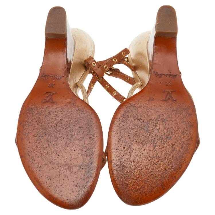 Pre Owned Louis Vuitton Brown/Gold Leather  Eyelet T-Strap Wedge Sandals Size 38