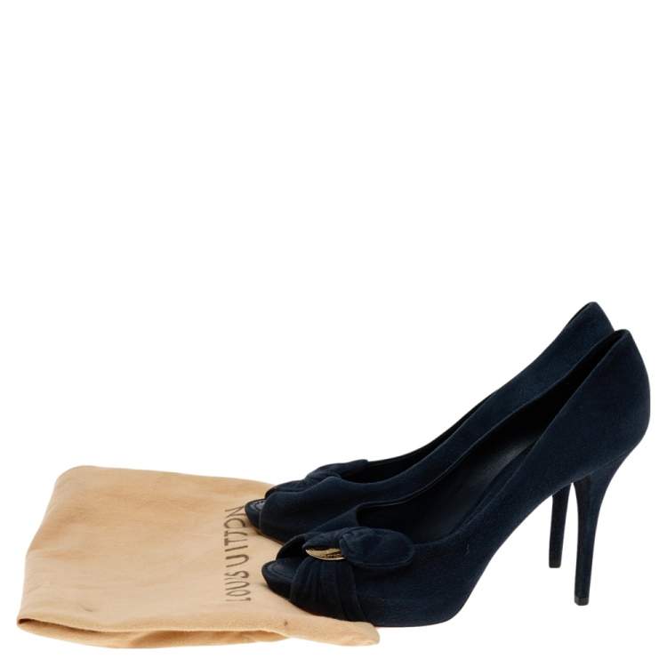 Pre Owned Louis Vuitton Navy Blue Suede Catania Peep Toe Platform Pumps Size 40